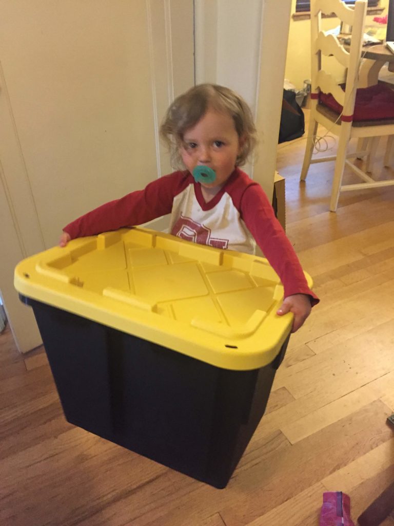 Little girl carrying a box
